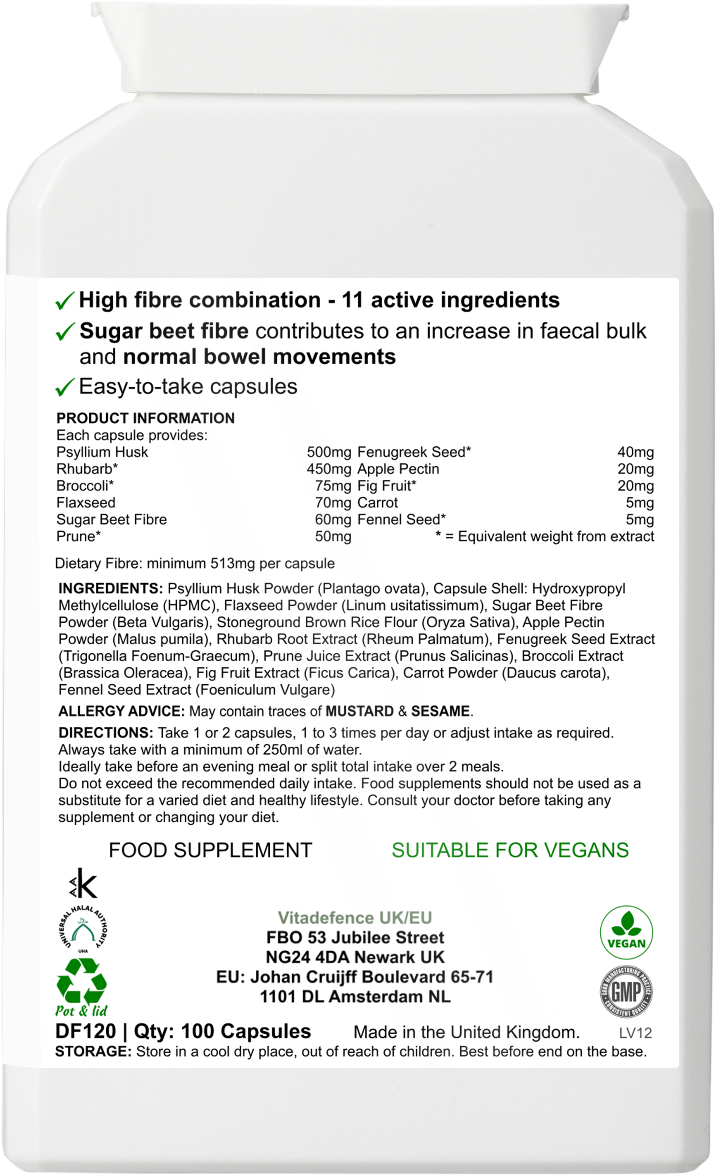 Vitadefence® Psyllium Husk Multi | High-Fibre Botanical Blend – 100 Capsules