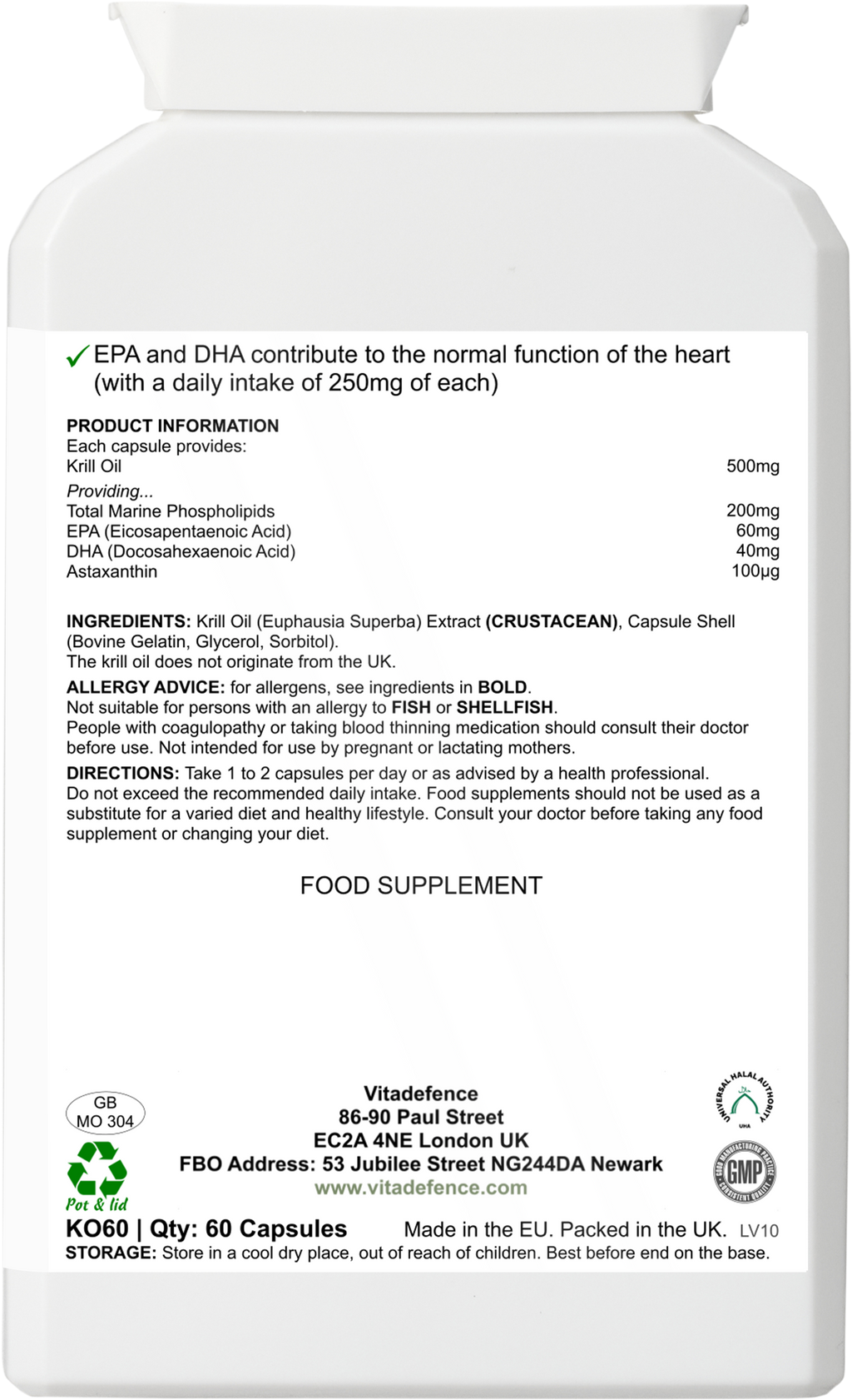 Vitadefence® Krill Oil Antarctic | 500 mg with EPA, DHA & Astaxanthin – 60 Softgels