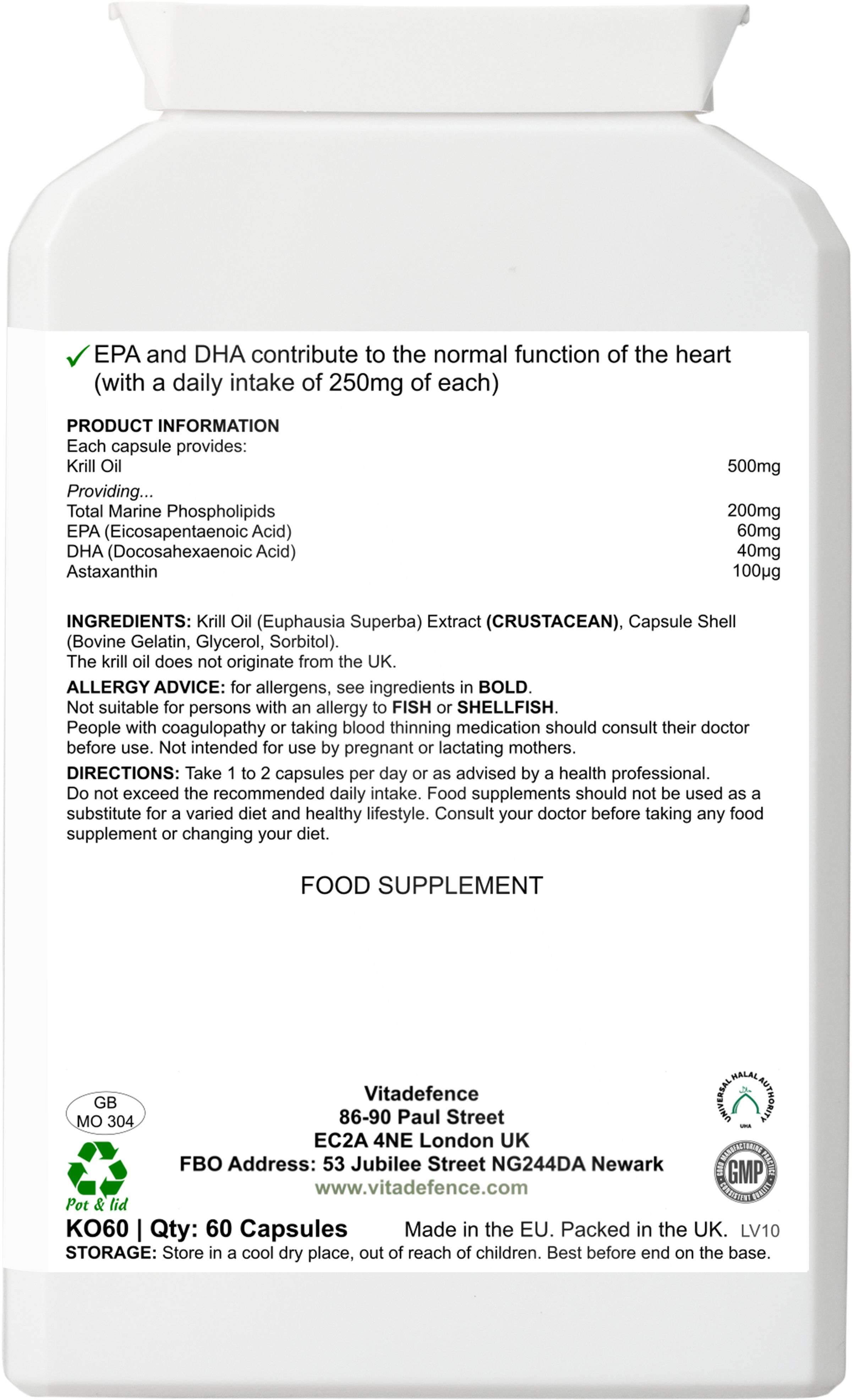 Vitadefence® Krill Oil Antarctic | 500 mg with EPA, DHA & Astaxanthin – 60 Softgels