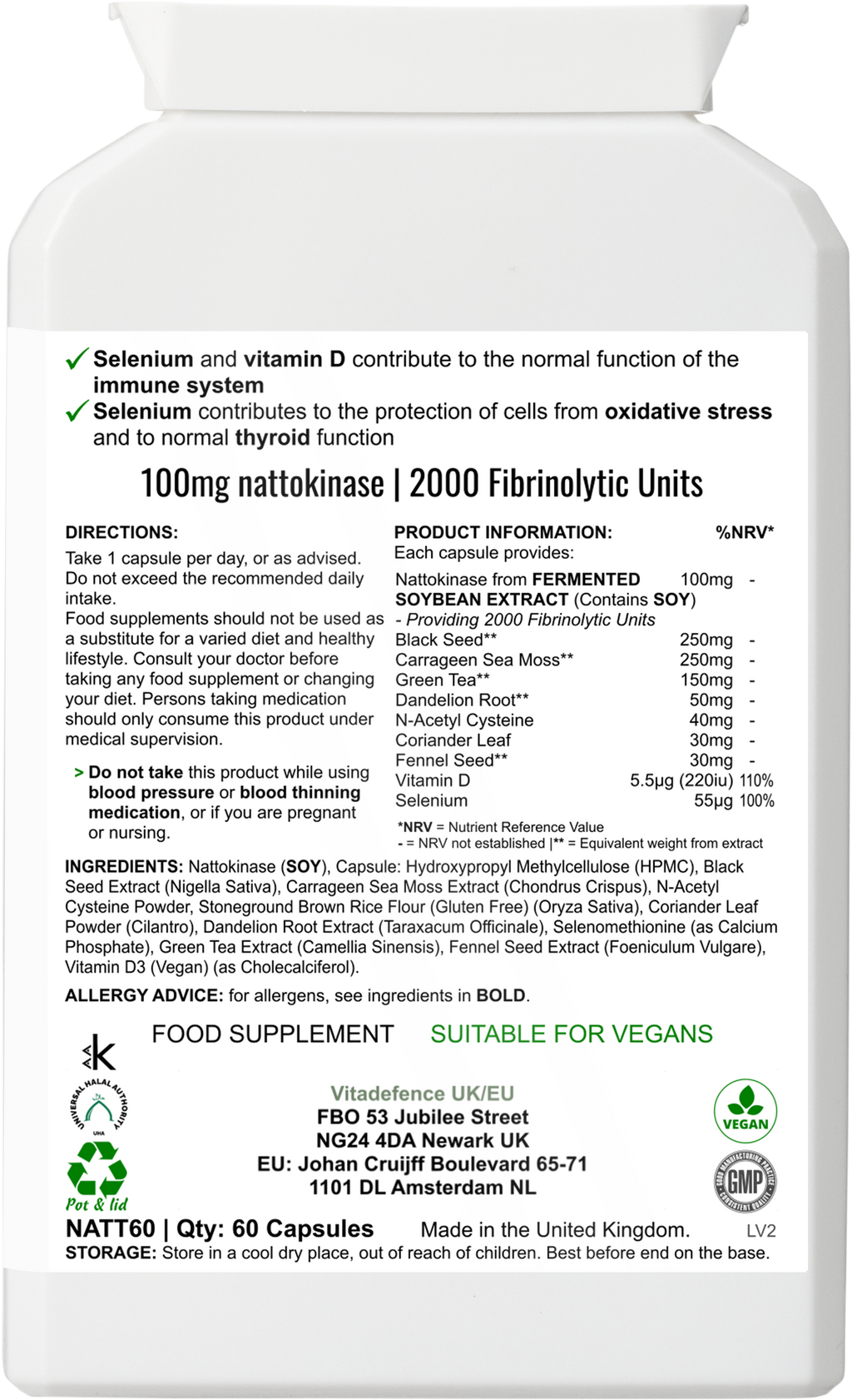 Vitadefence® Nattokinase Multi | With Vitamin D3, Selenium & Botanicals – 60 Capsules