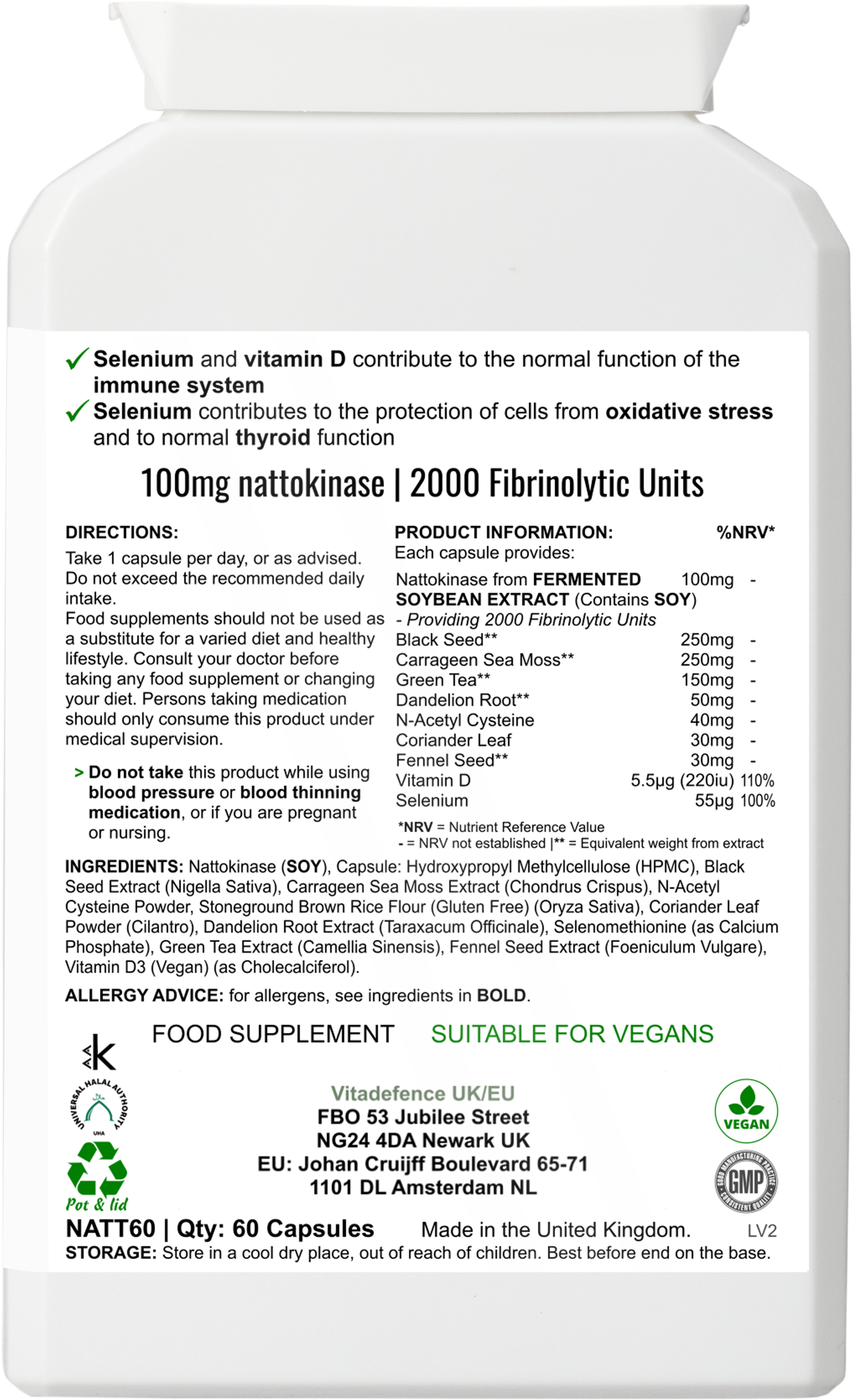Vitadefence® Nattokinase Multi | With Vitamin D3, Selenium & Botanicals – 60 Capsules