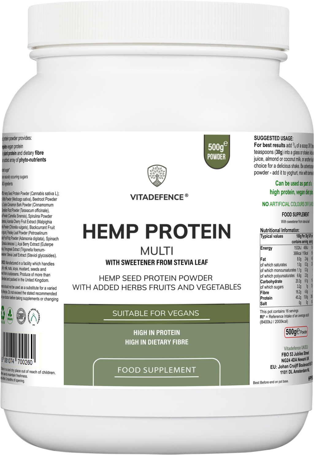 Vitadefence® Hemp Protein Multi | Plant-Based Protein Powder with Fruits, Herbs & Vegetables – 500 g