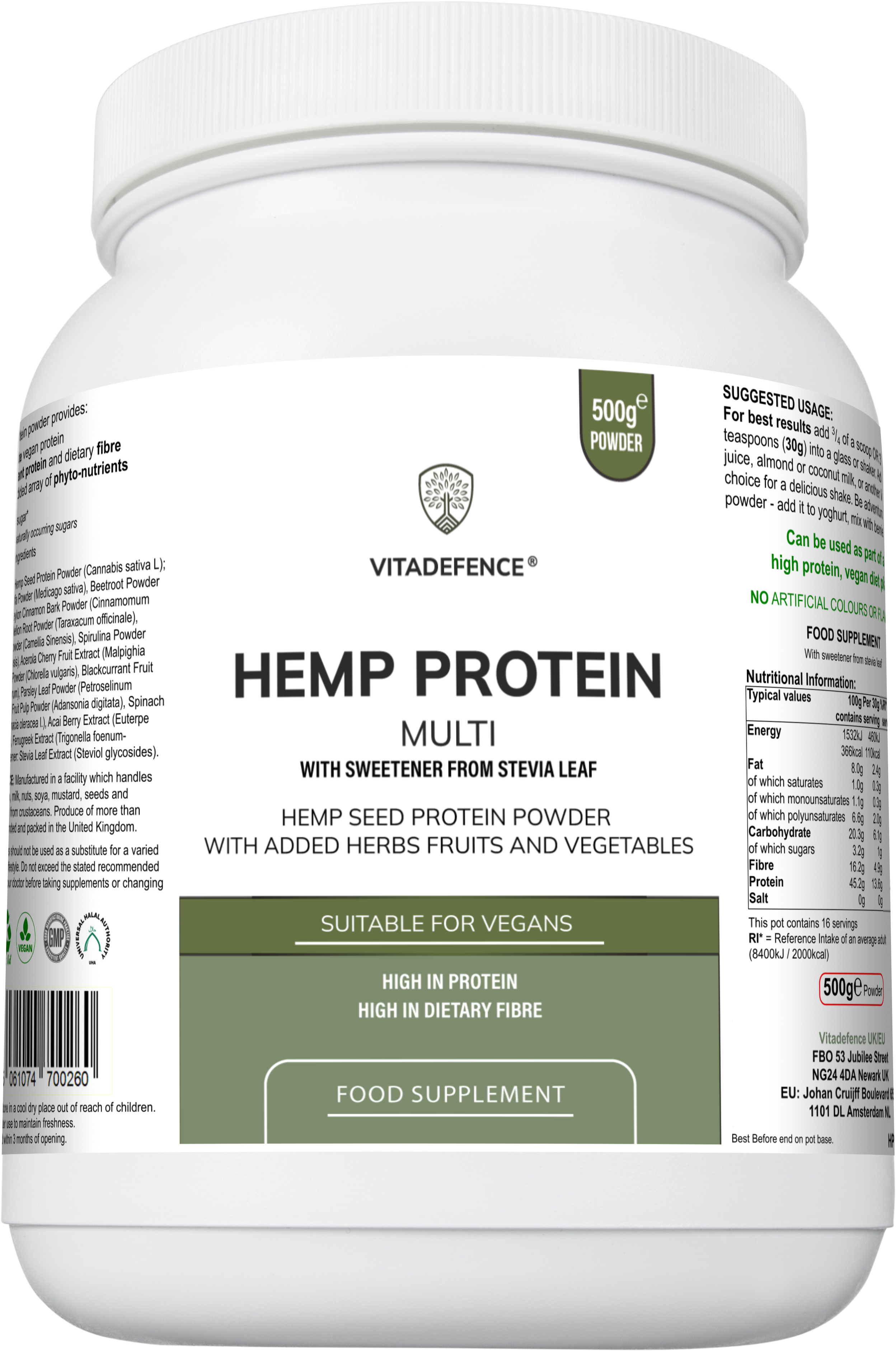 Vitadefence® Hemp Protein Multi | Plant-Based Protein Powder with Fruits, Herbs & Vegetables – 500 g