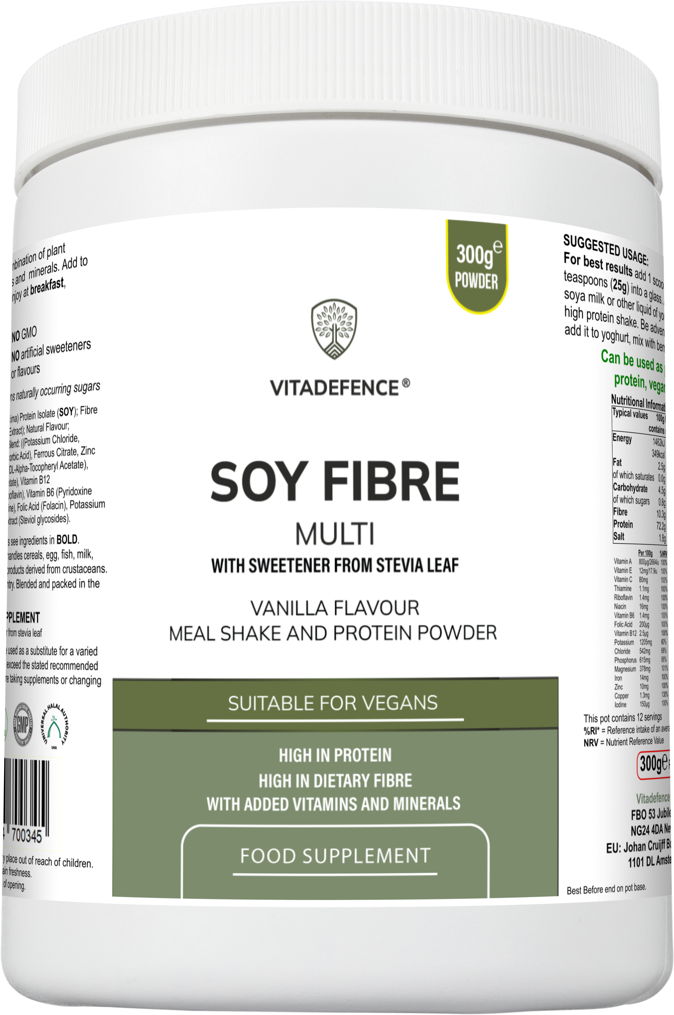 Vitadefence® Soy Fibre Multi | Vanilla Flavour Protein Powder with Vitamins & Minerals – 300 g
