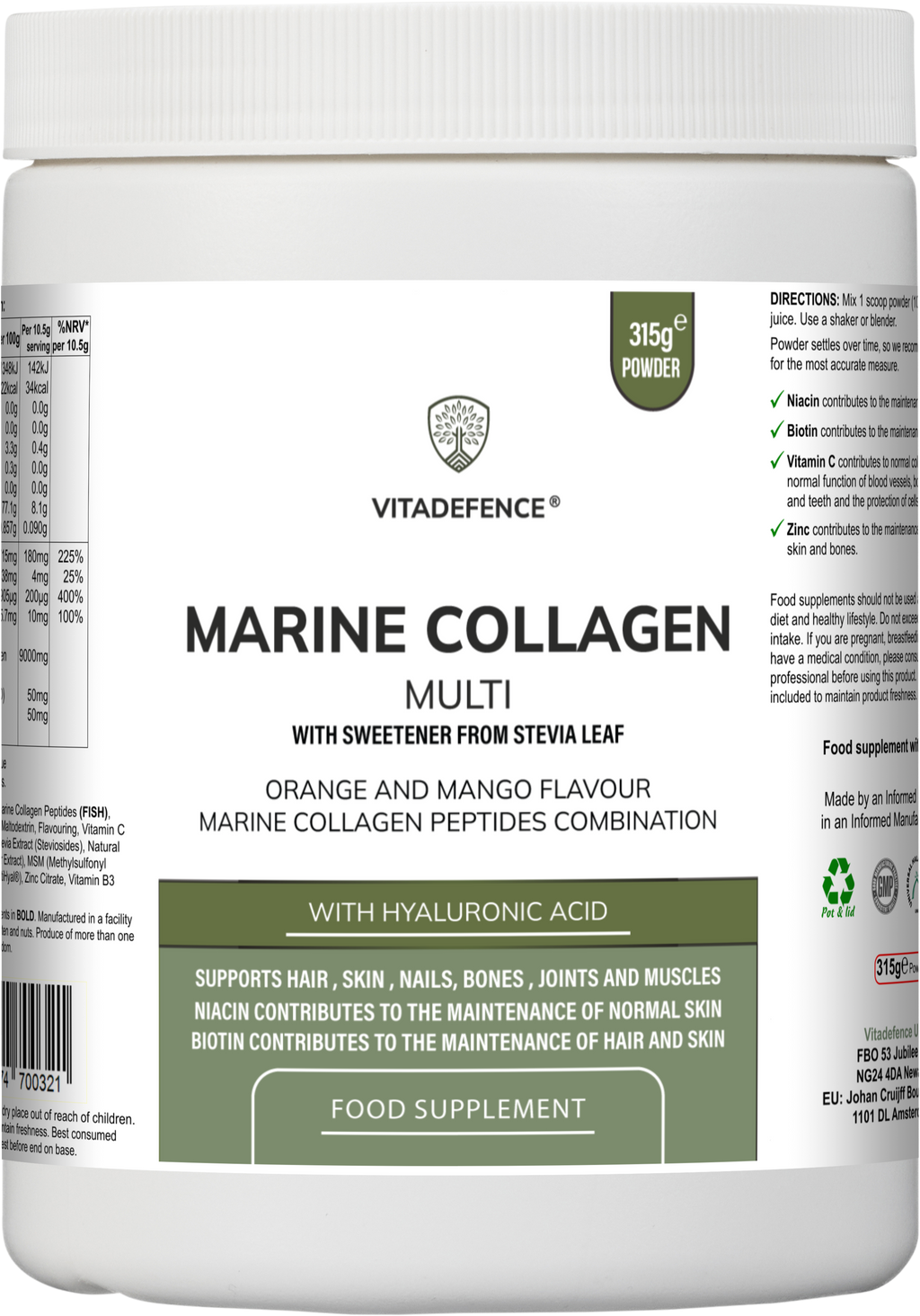 Vitadefence® Marine Collagen Multi | Orange & Mango Flavour Powder with Hyaluronic Acid, MSM, Vitamins & Minerals – 315 g
