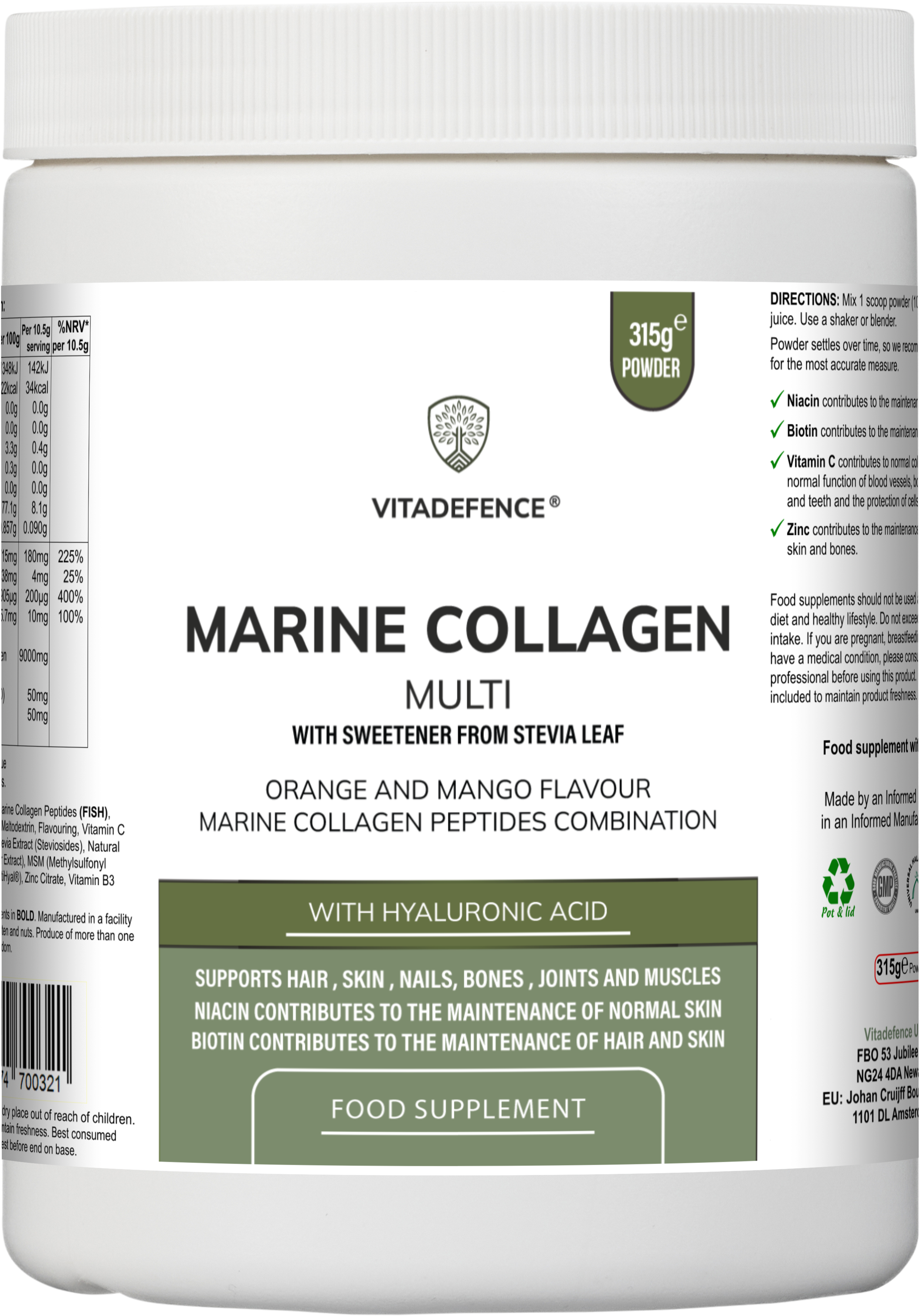 Vitadefence® Marine Collagen Multi | Orange & Mango Flavour Powder with Hyaluronic Acid, MSM, Vitamins & Minerals – 315 g