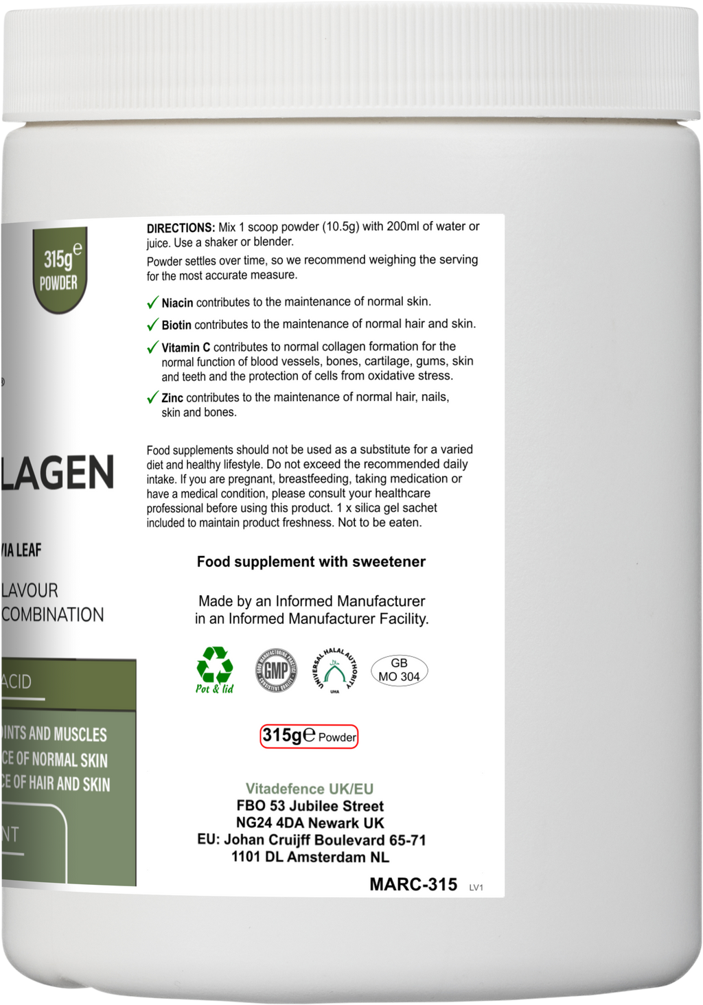 Vitadefence® Marine Collagen Multi | Orange & Mango Flavour Powder with Hyaluronic Acid, MSM, Vitamins & Minerals – 315 g