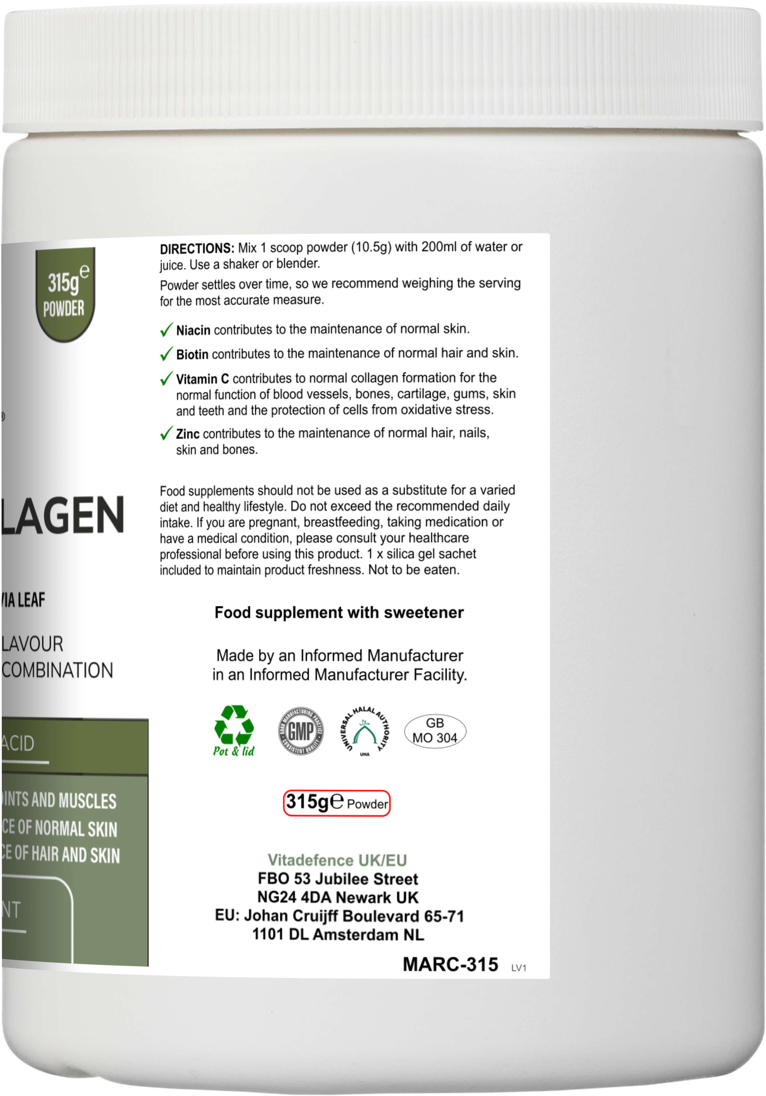 Vitadefence® Marine Collagen Multi | Orange & Mango Flavour Powder with Hyaluronic Acid, MSM, Vitamins & Minerals – 315 g