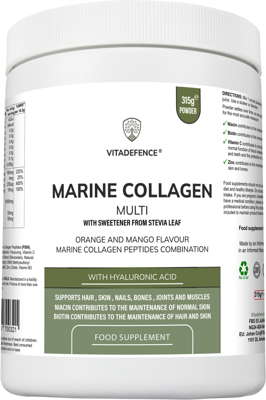 Vitadefence® Marine Collagen Multi | Orange & Mango Flavour Powder with Hyaluronic Acid, MSM, Vitamins & Minerals – 315 g
