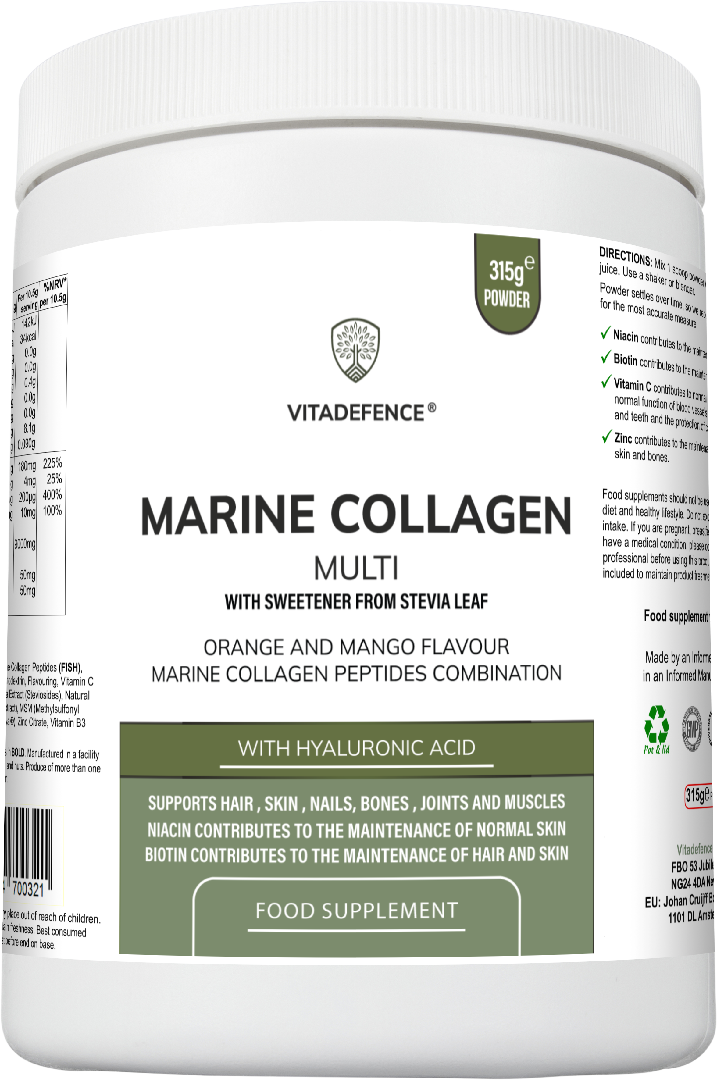 Vitadefence® Marine Collagen Multi | Orange & Mango Flavour Powder with Hyaluronic Acid, MSM, Vitamins & Minerals – 315 g