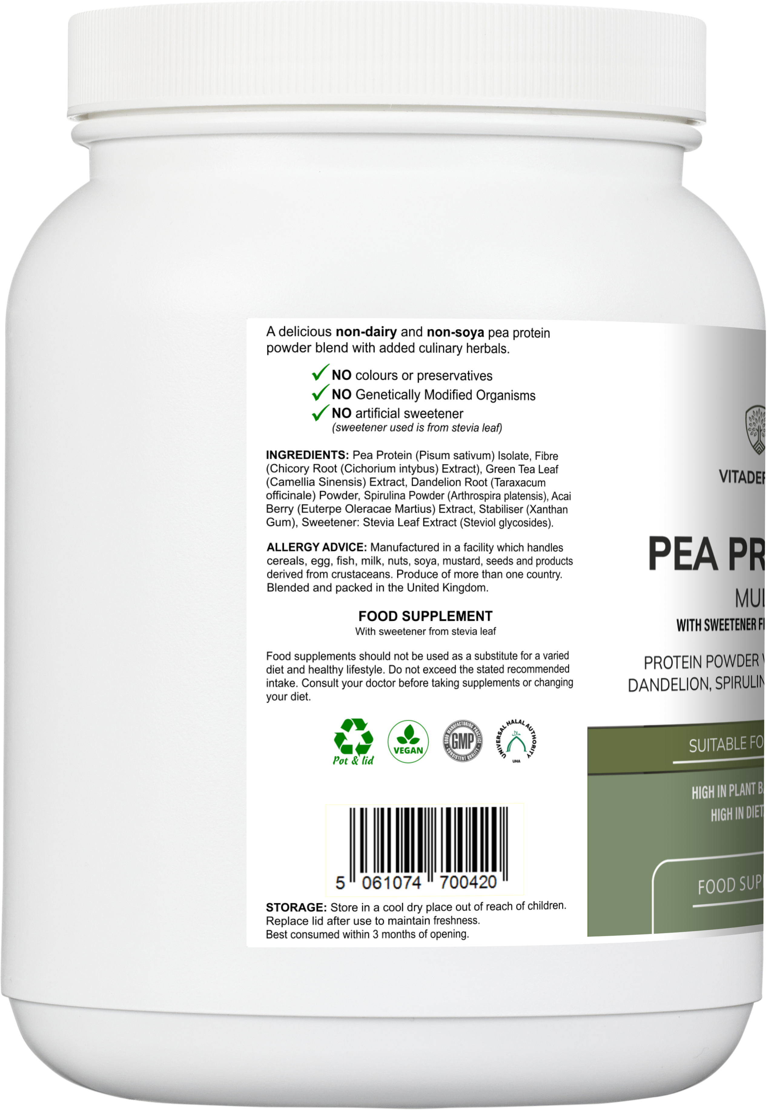 Vitadefence® Pea Protein Multi | Plant-Based Protein Powder with Green Tea, Spirulina, Açai & Dandelion – 500 g