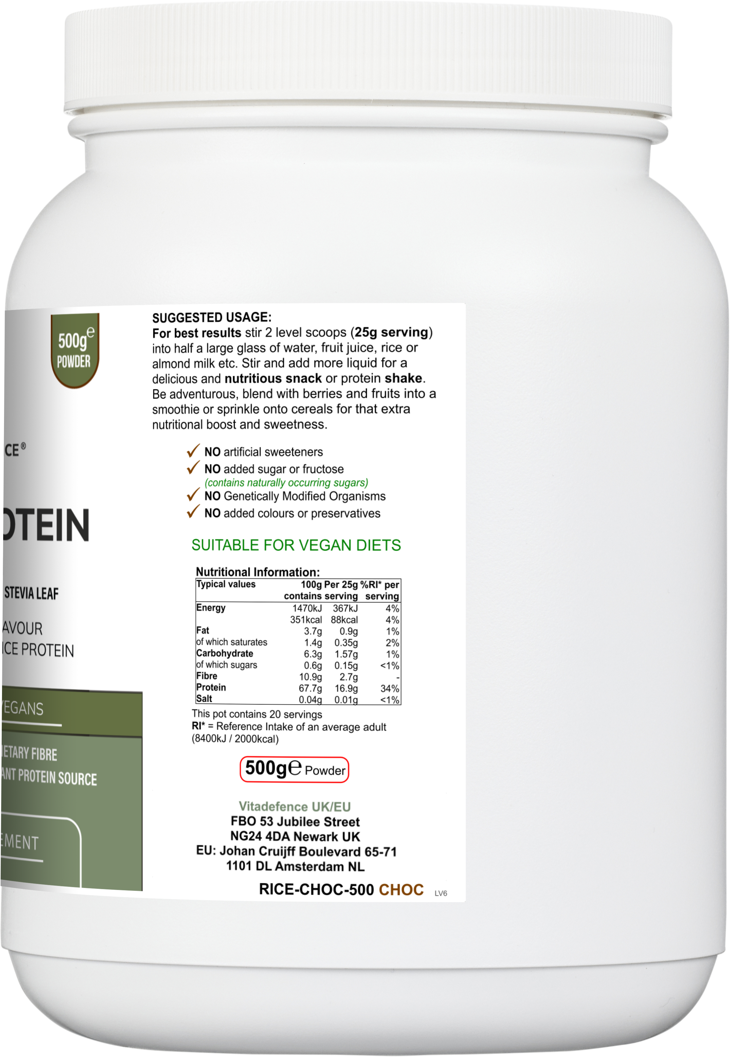 Vitadefence® Rice Protein Multi | Chocolate Flavour Powder with Green Tea & Guarana – 500 g