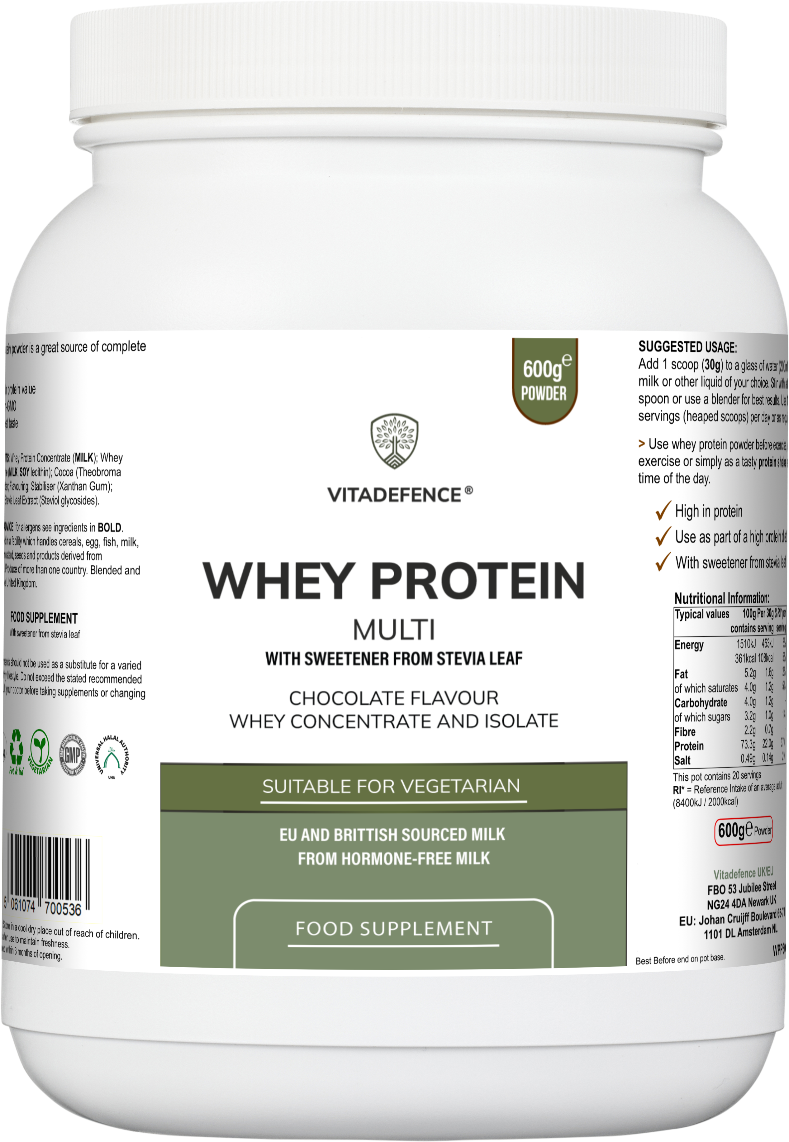 Vitadefence® Whey Protein Multi | Chocolate Flavour Protein Powder with Stevia – 600 g