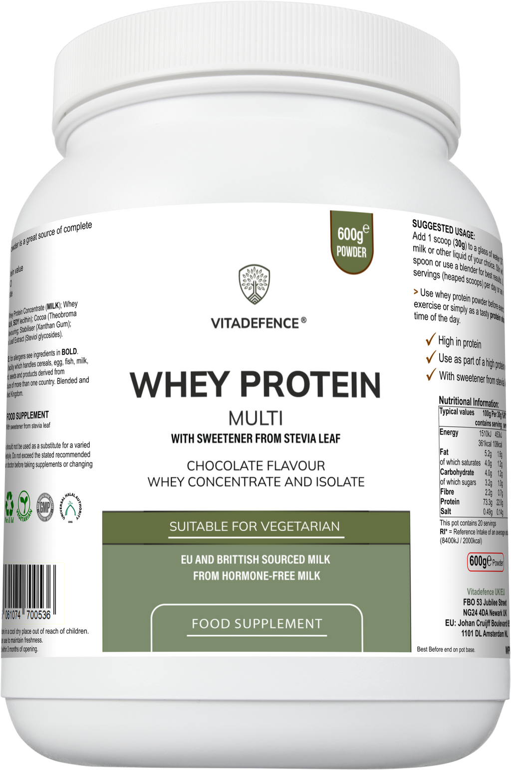 Vitadefence® Whey Protein Multi | Chocolate Flavour Protein Powder with Stevia – 600 g