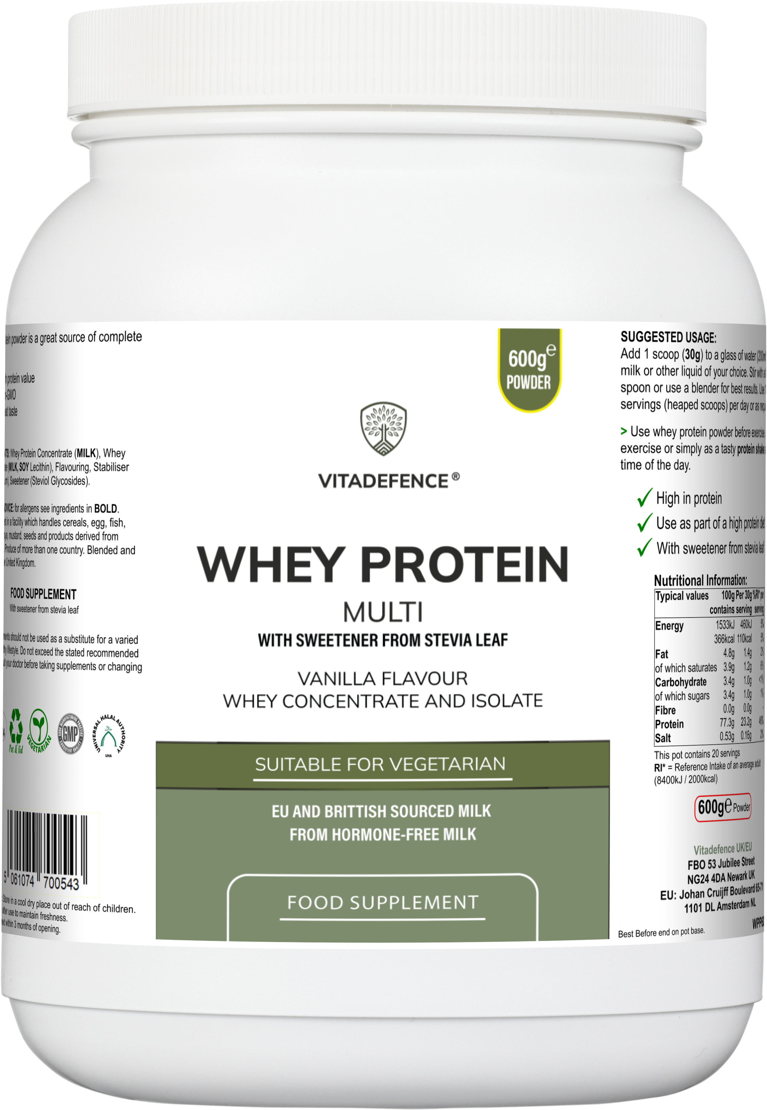 Vitadefence® Whey Protein Multi | Vanilla Flavour Protein Powder with Stevia – 600 g