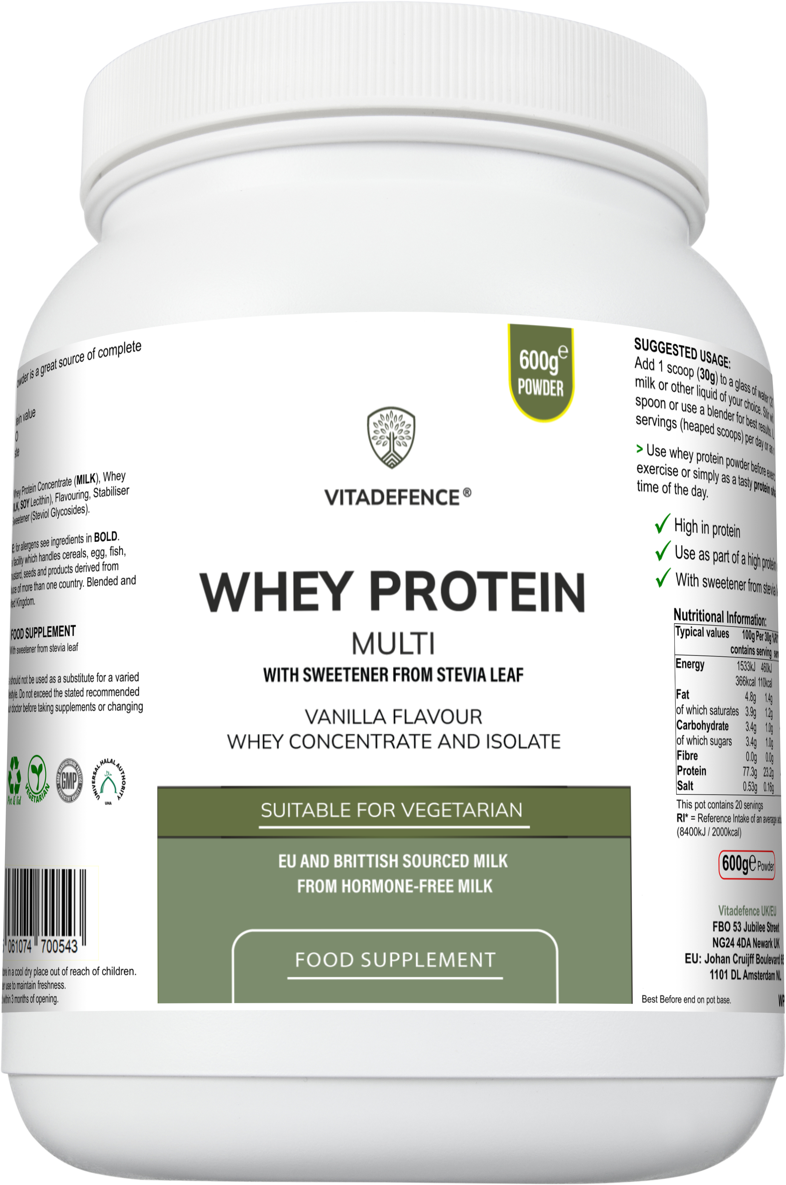 Vitadefence® Whey Protein Multi | Vanilla Flavour Protein Powder with Stevia – 600 g