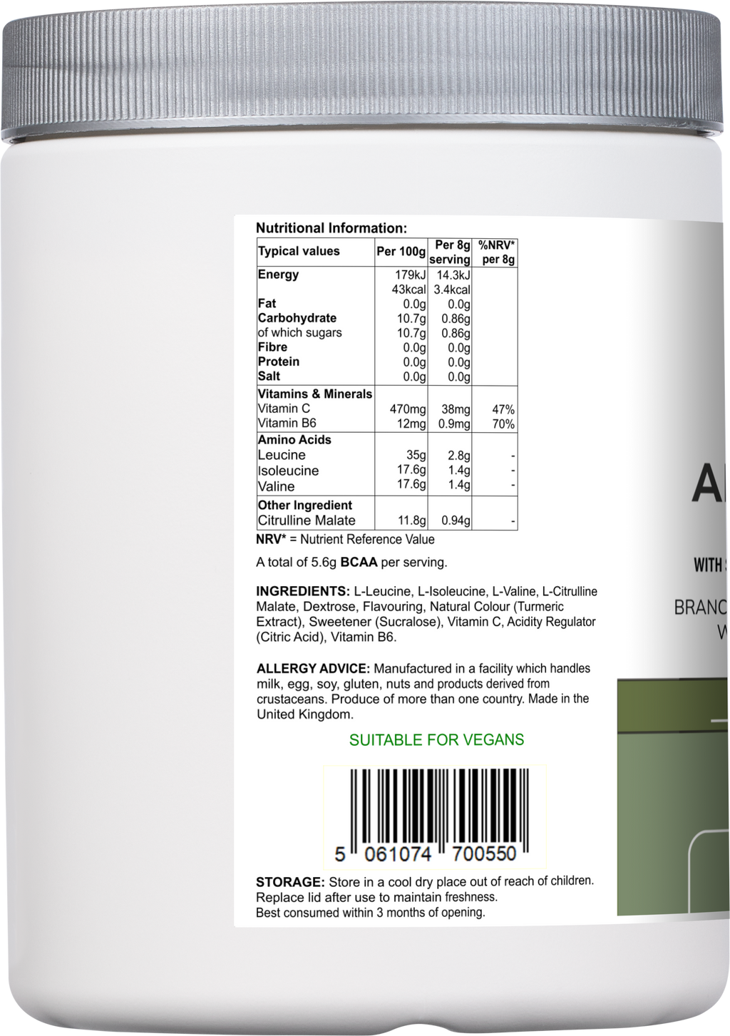 Vitadefence® Amino Acid Multi | Lemon & Lime Flavour with Citrulline Malate, BCAAs & Vitamins – 300 g