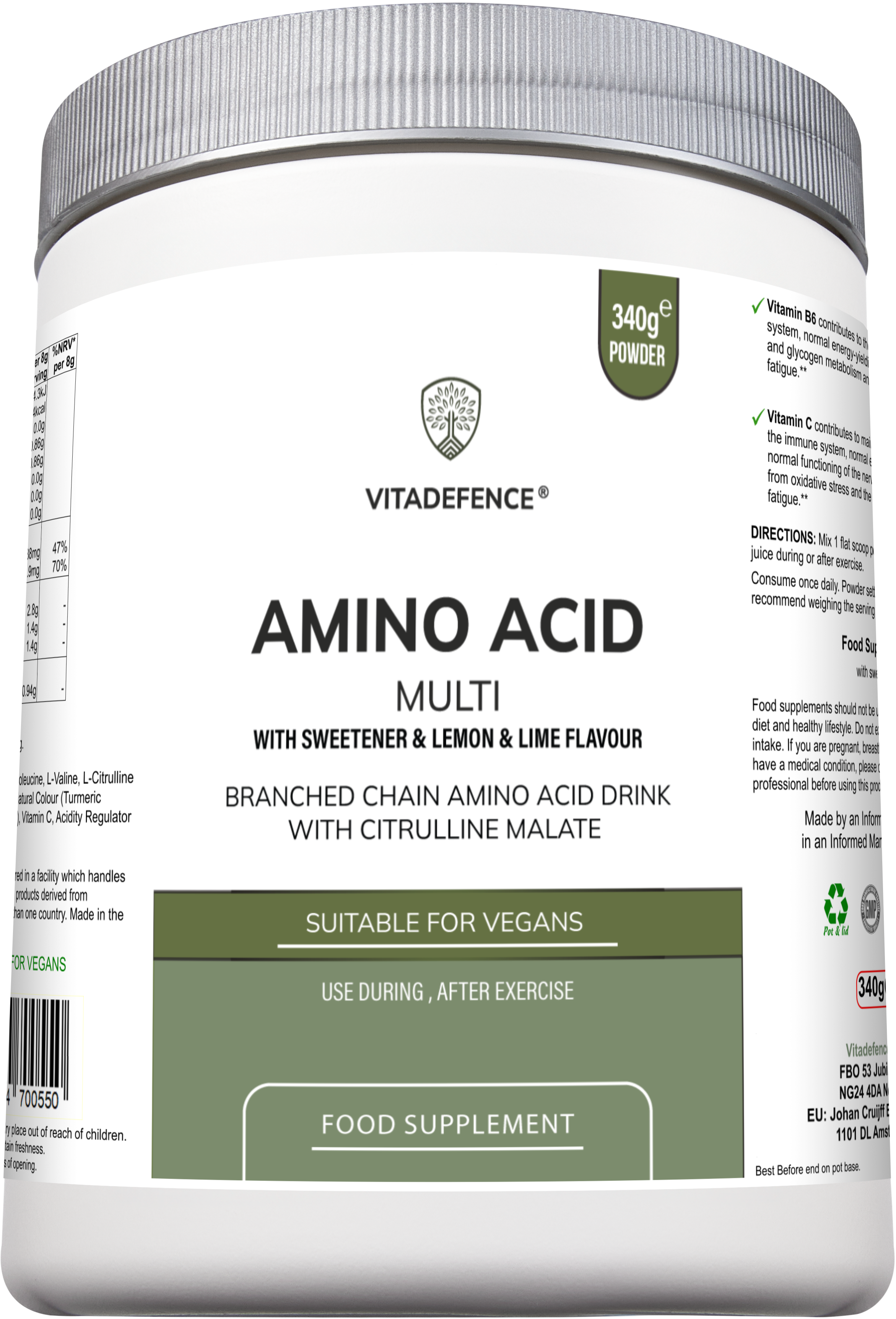 Vitadefence® Amino Acid Multi | Lemon & Lime Flavour with Citrulline Malate, BCAAs & Vitamins – 300 g