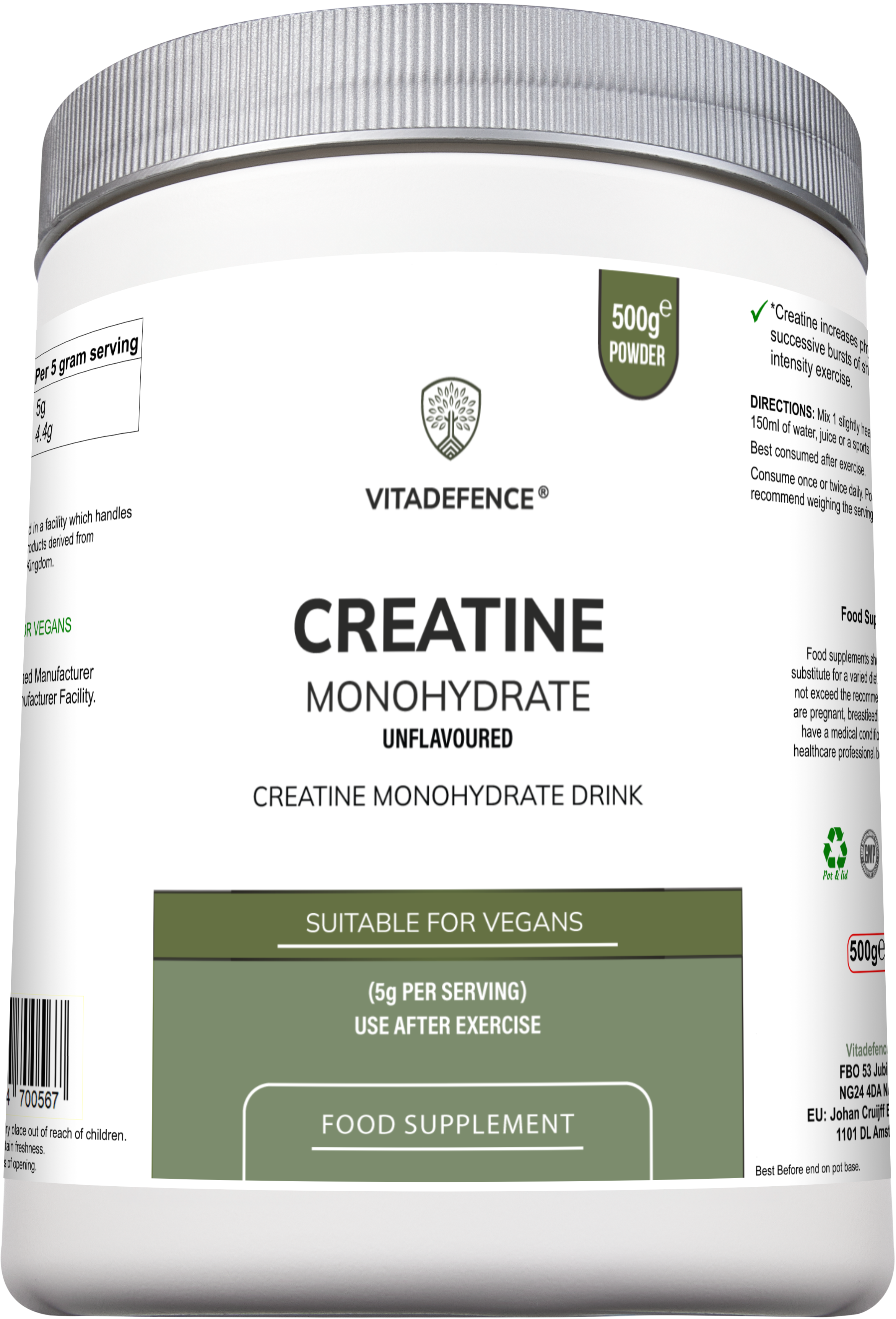Vitadefence® Creatine Monohydrate | Pure Unflavoured Creatine Powder – 500 g