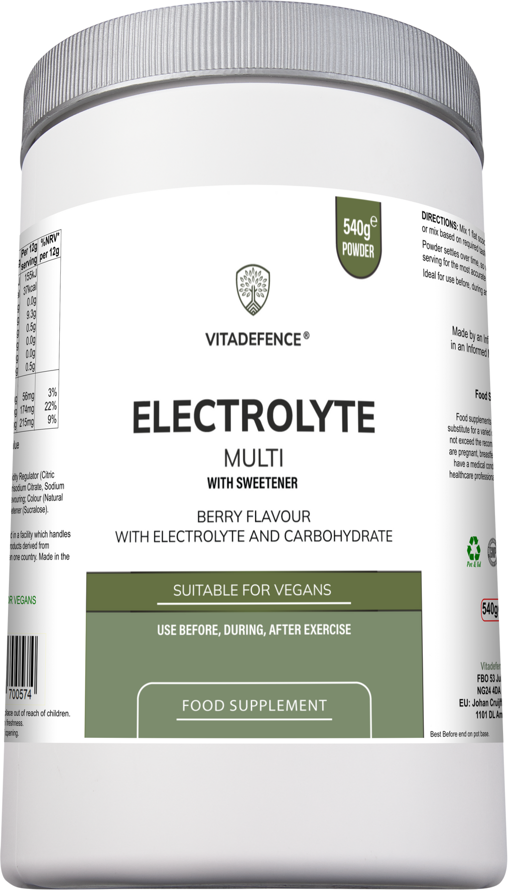Vitadefence® Electrolyte Multi | Berry Flavour Hydration Powder with Electrolytes & Minerals – 540 g