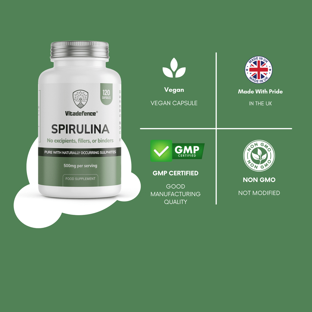 Vitadefence® Spirulina | 500 mg Vegan Capsules – 120 Count