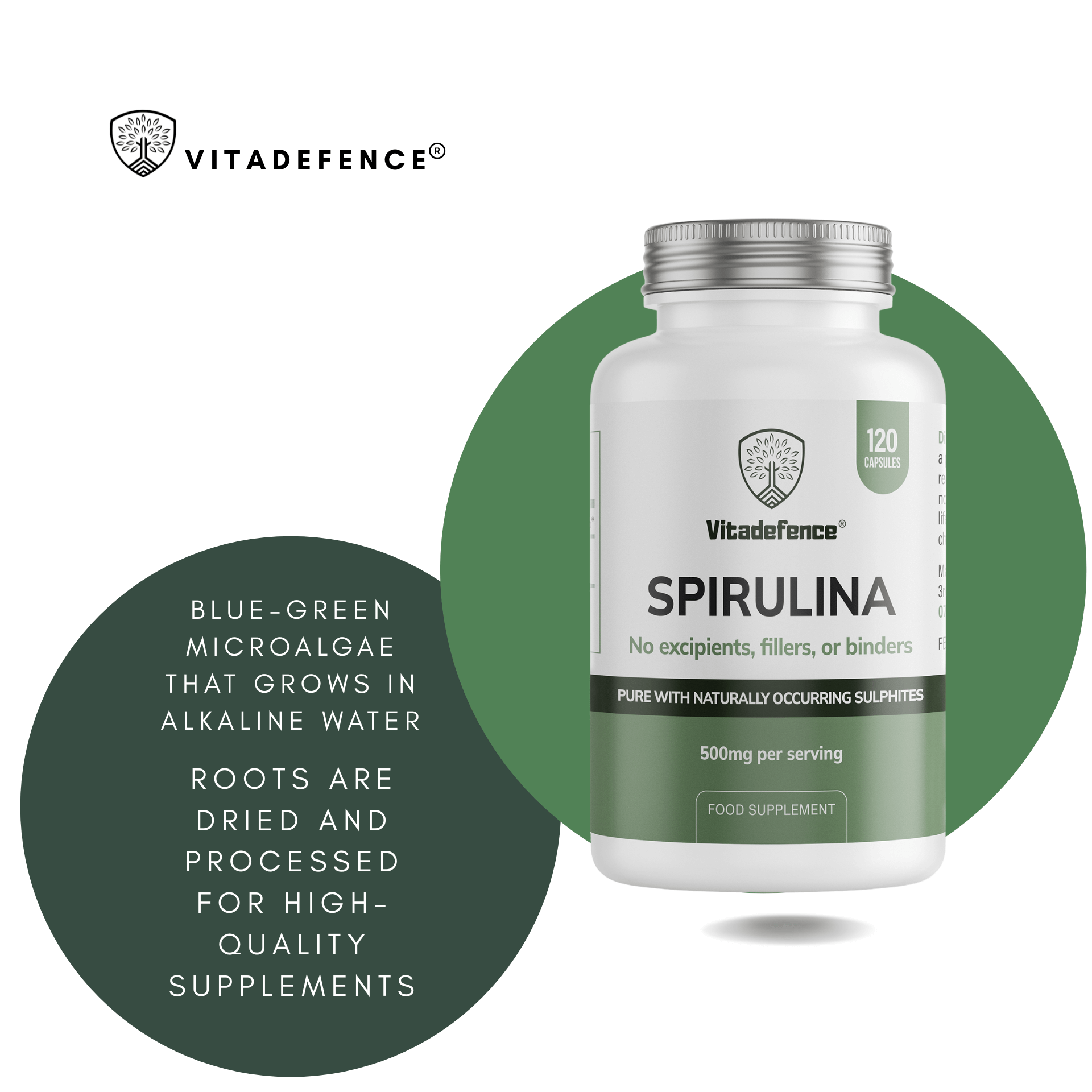 Vitadefence® Spirulina | 500 mg Vegan Capsules – 120 Count