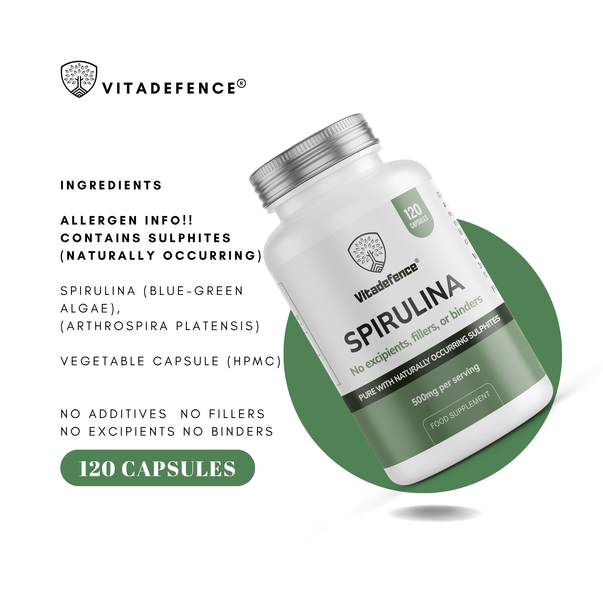 Vitadefence® Spirulina | 500 mg Vegan Capsules – 120 Count