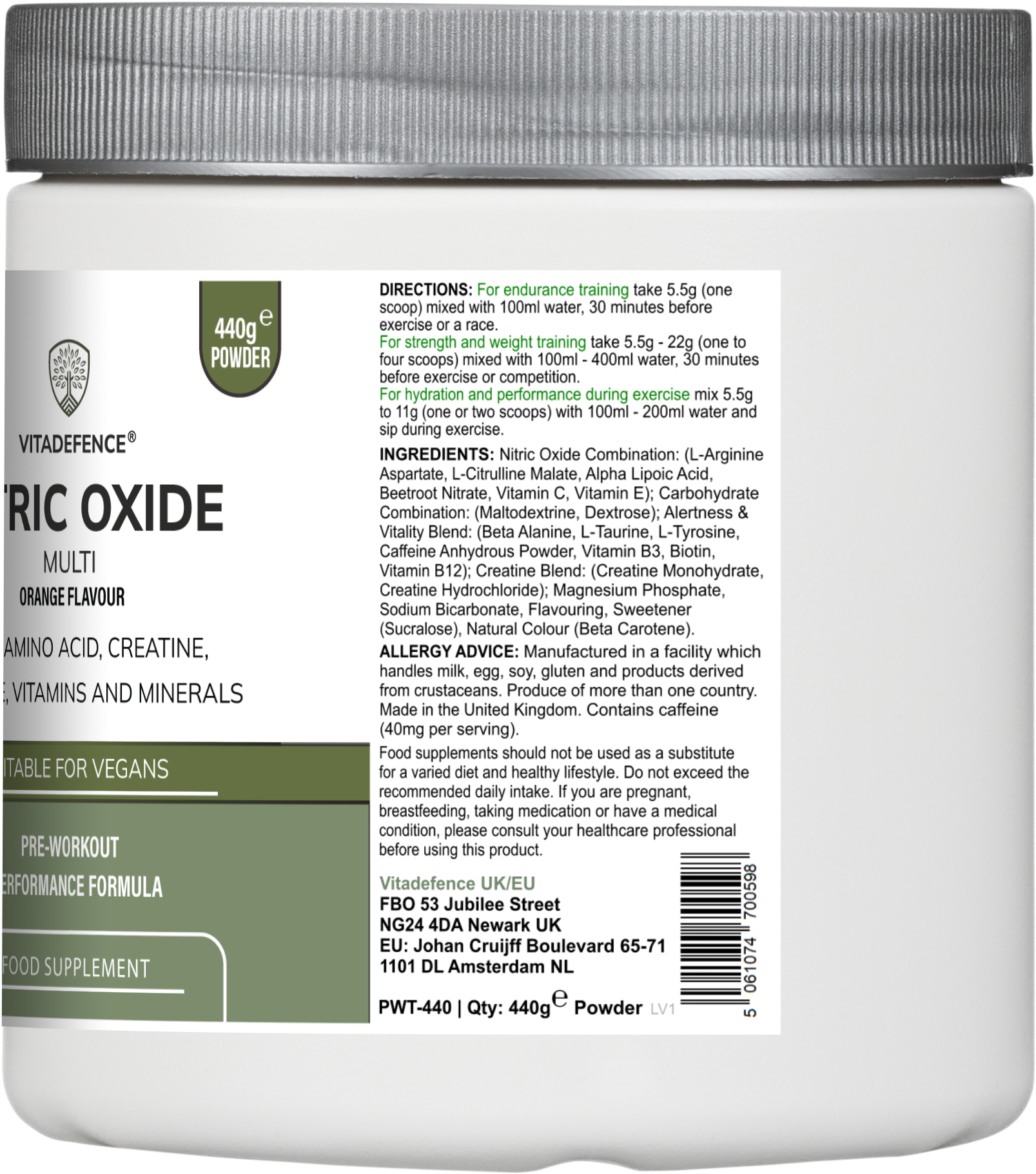 Vitadefence® Nitric Oxide Multi | L-Arginine, L-Citrulline & Beetroot – 440g Powder