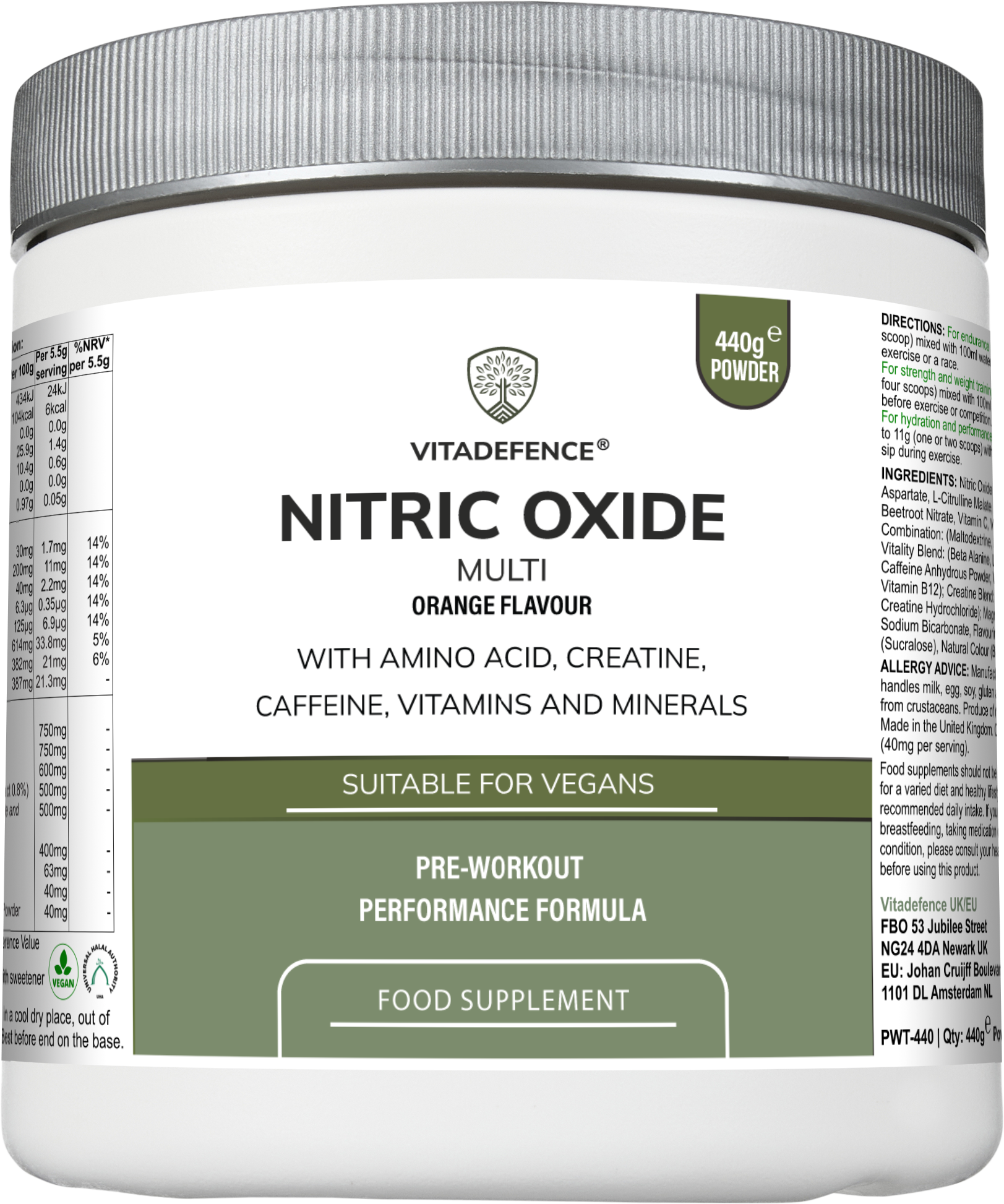 Vitadefence® Nitric Oxide Multi | L-Arginine, L-Citrulline & Beetroot – 440g Powder