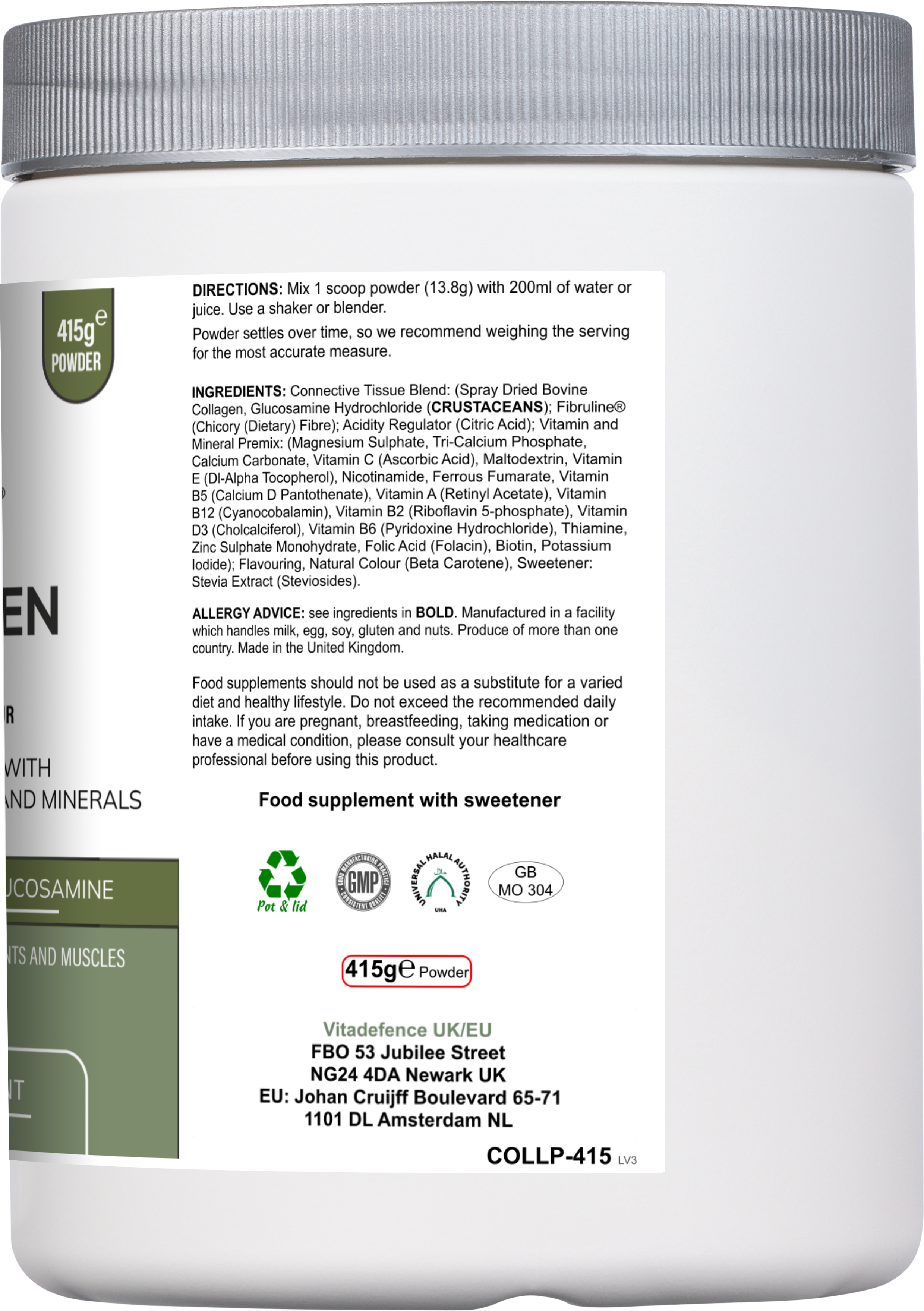 Vitadefence® Collagen Multi | Orange Flavour Powder with Glucosamine, Vitamins & Minerals – 415 g