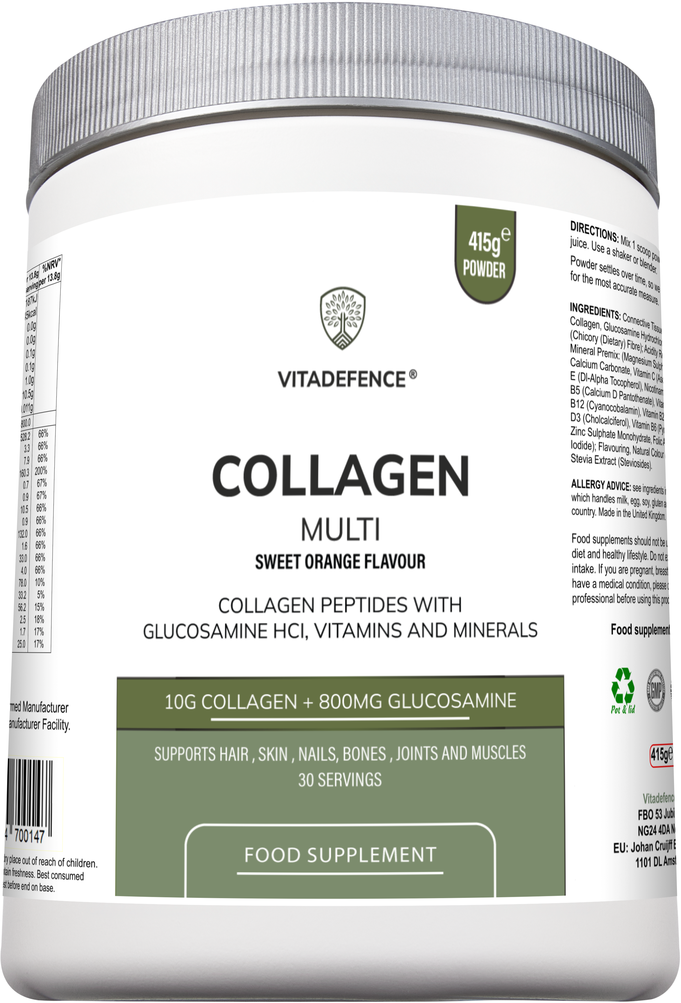 Vitadefence® Collagen Multi | Orange Flavour Powder with Glucosamine, Vitamins & Minerals – 415 g