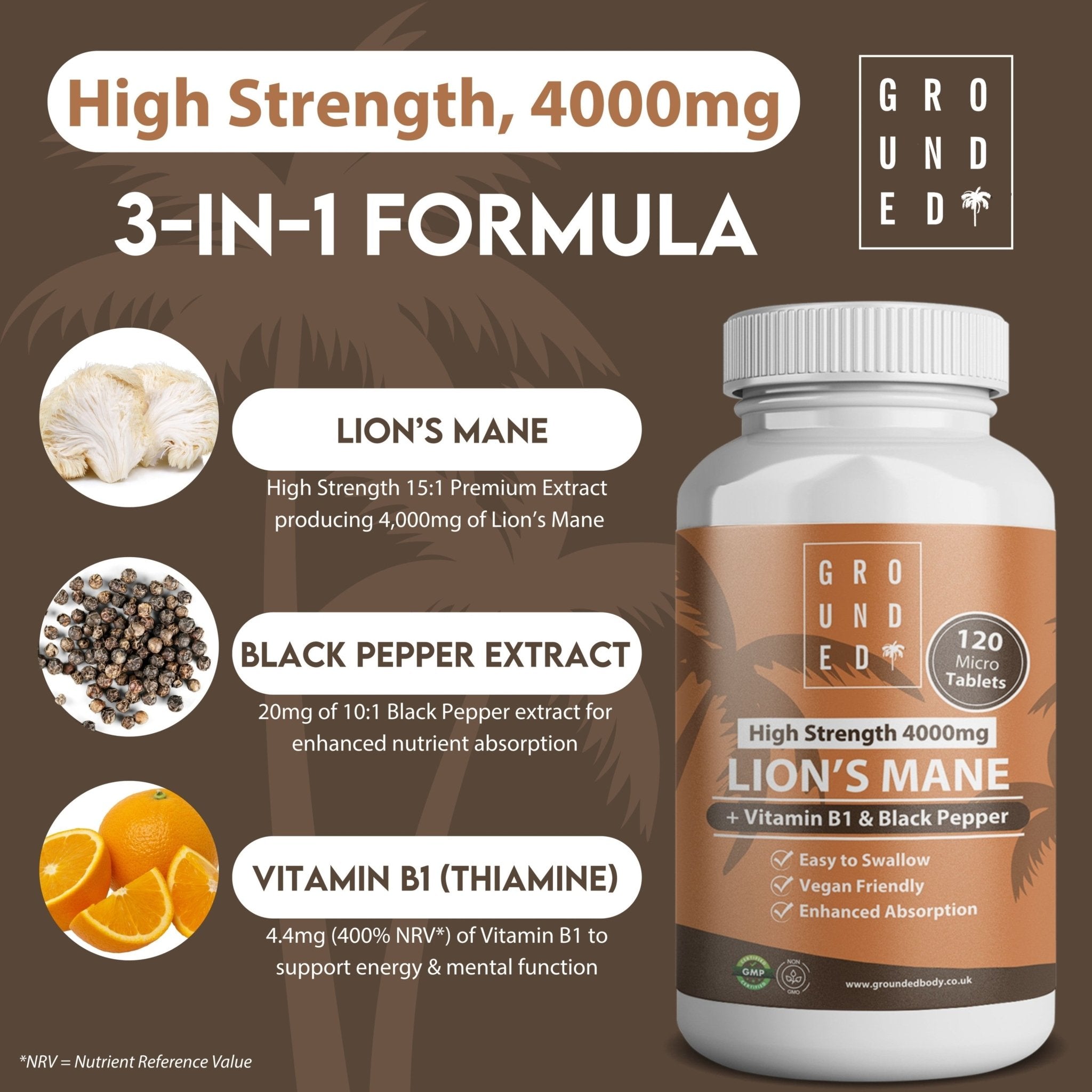 Grounded Lion’s Mane 4000mg Tablets – Natural Brain & Focus Support