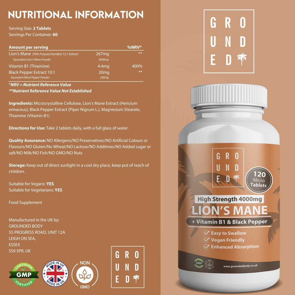 Grounded Lion’s Mane 4000mg Tablets – Natural Brain & Focus Support