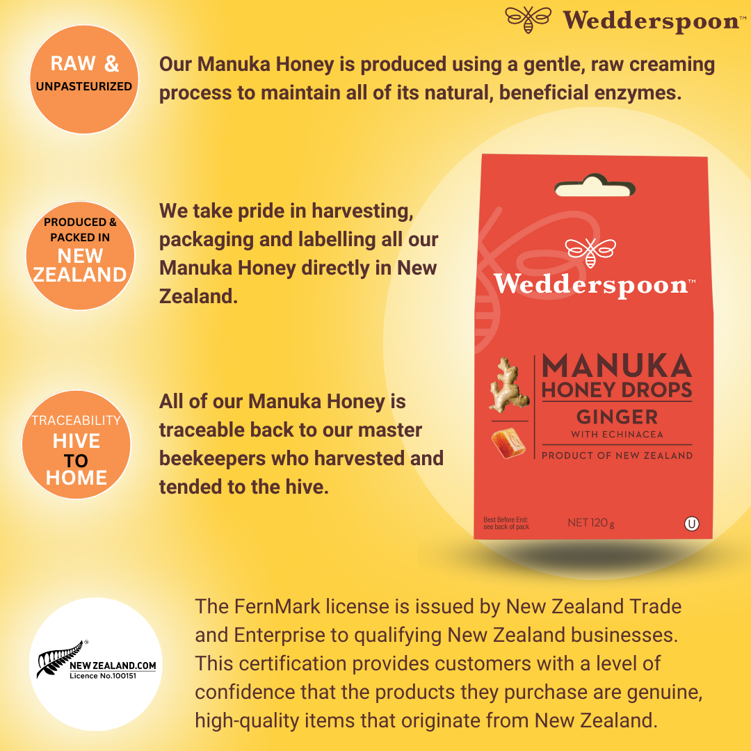 Wedderspoon Natural Manuka Honey Drops Ginger (20 Drops per box)